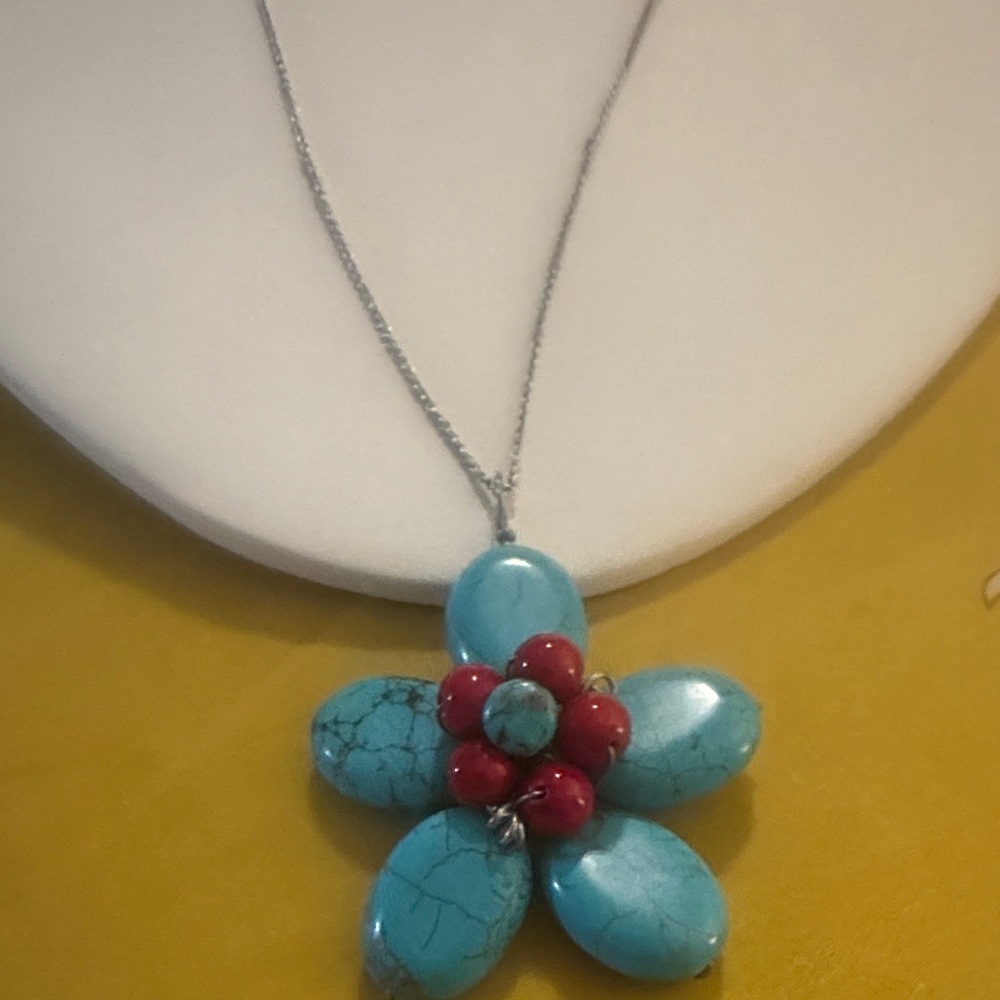 Turquoise and Red Flower Pendant Necklace - Women Jewelry